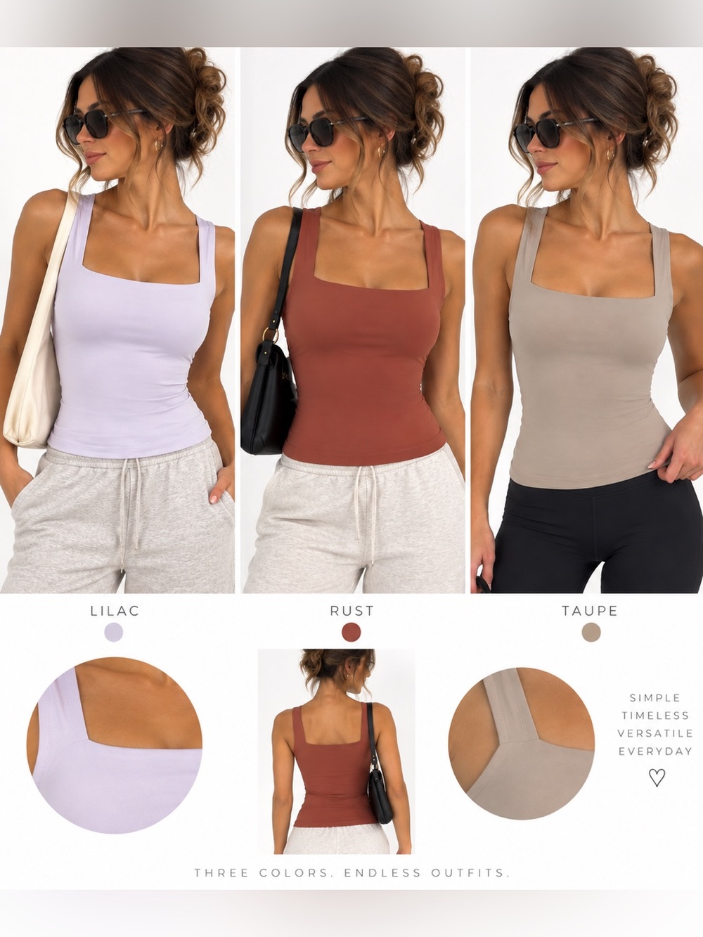 Square Neck Tank Tops - Lilac, Rust & Taupe